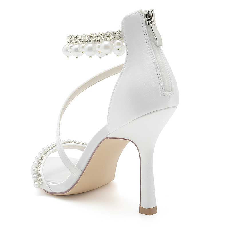 Women Pearls Rhinestones Open Toe Wedding Sandals 3.74" Dress Shoes