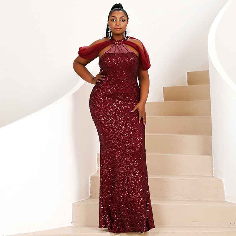 Plus Size Party Dress Sequin Burgundy Maxi Formal Dress Prom Gowns