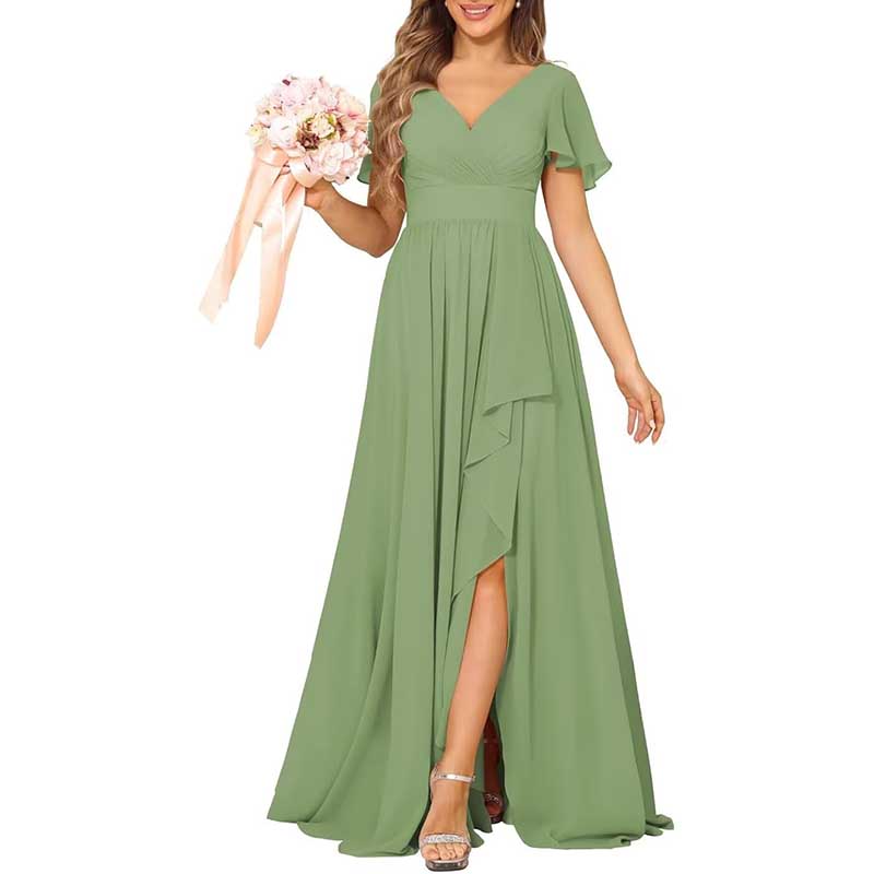 V-Neck Chiffon Bridesmaid Dress With Pocket Short Sleeves & Elegant Side Split
