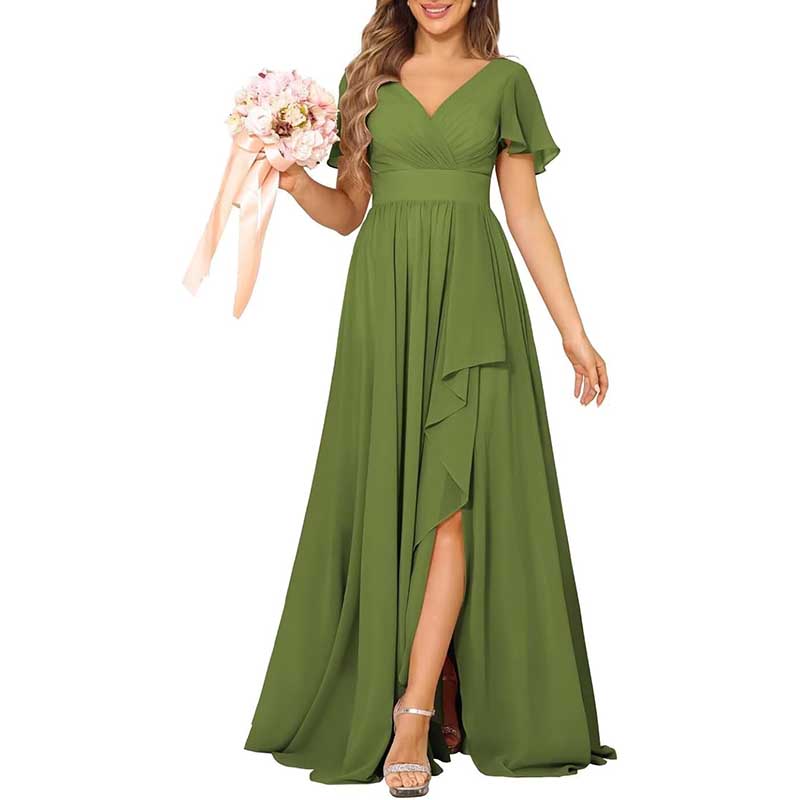 V-Neck Chiffon Bridesmaid Dress With Pocket Short Sleeves & Elegant Side Split