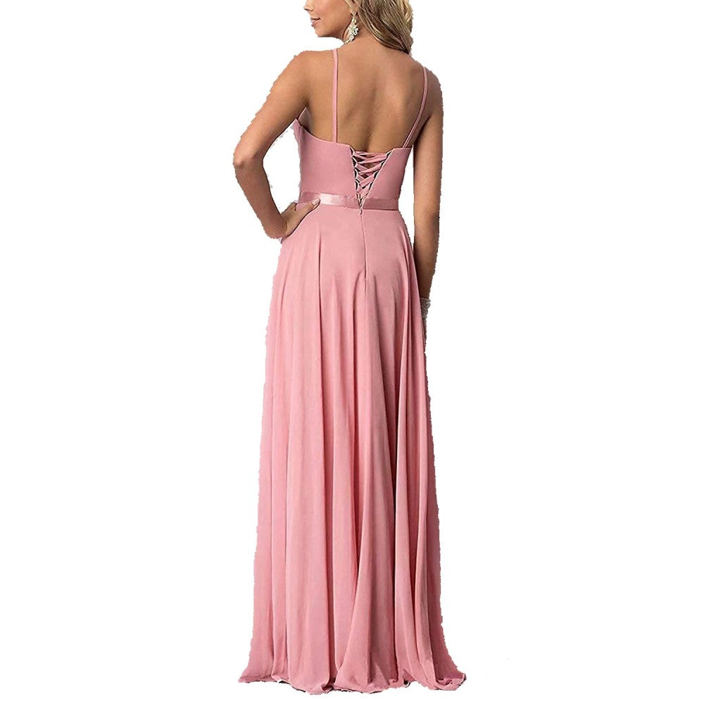 Halter Neck Long Bridesmaids Dresses A-Line Chiffon Wedding Guest Outfit