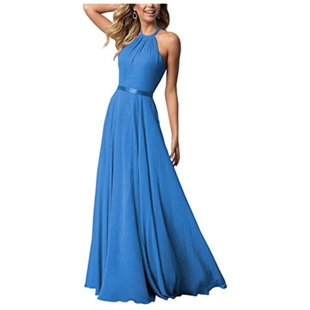 Halter Neck Long Bridesmaids Dresses A-Line Chiffon Wedding Guest Outfit