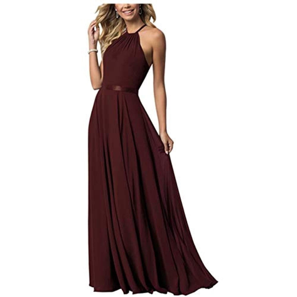 Halter Neck Long Bridesmaids Dresses A-Line Chiffon Wedding Guest Outfit