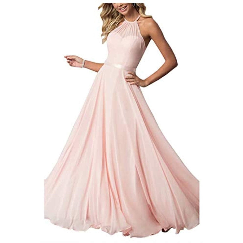 Halter Neck Long Bridesmaids Dresses A-Line Chiffon Wedding Guest Outfit
