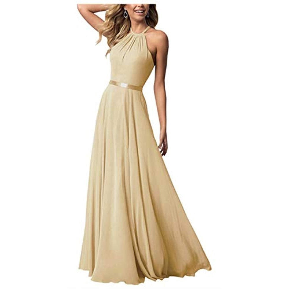 Halter Neck Long Bridesmaids Dresses A-Line Chiffon Wedding Guest Outfit