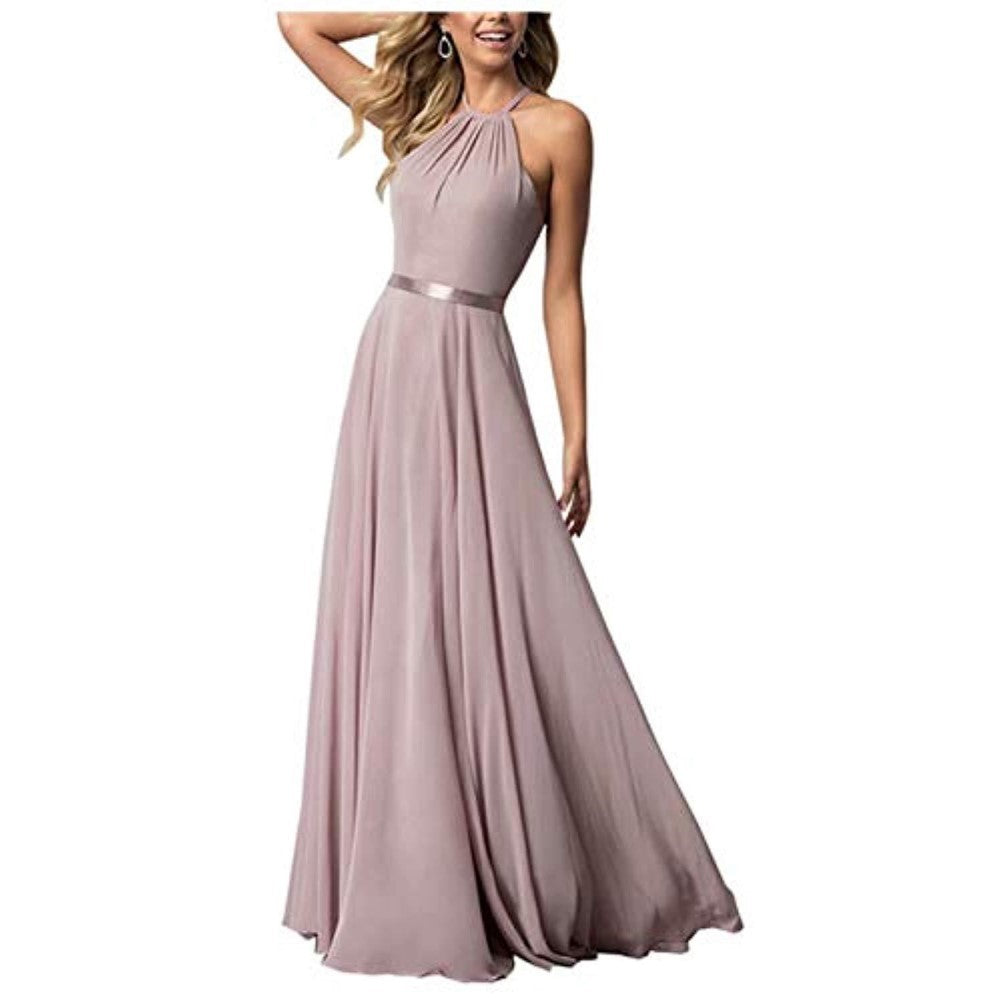 Halter Neck Long Bridesmaids Dresses A-Line Chiffon Wedding Guest Outfit