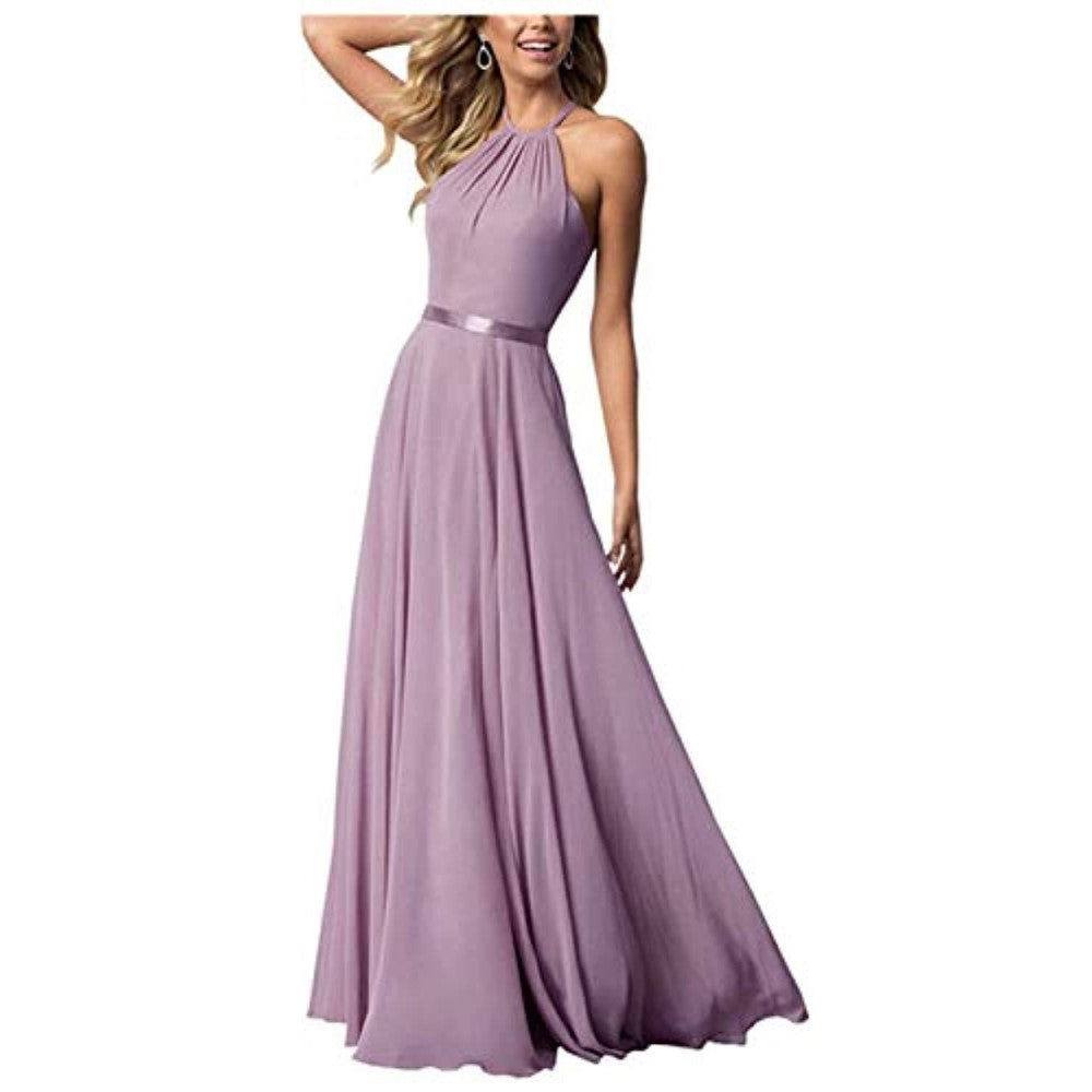 Halter Neck Long Bridesmaids Dresses A-Line Chiffon Wedding Guest Outfit