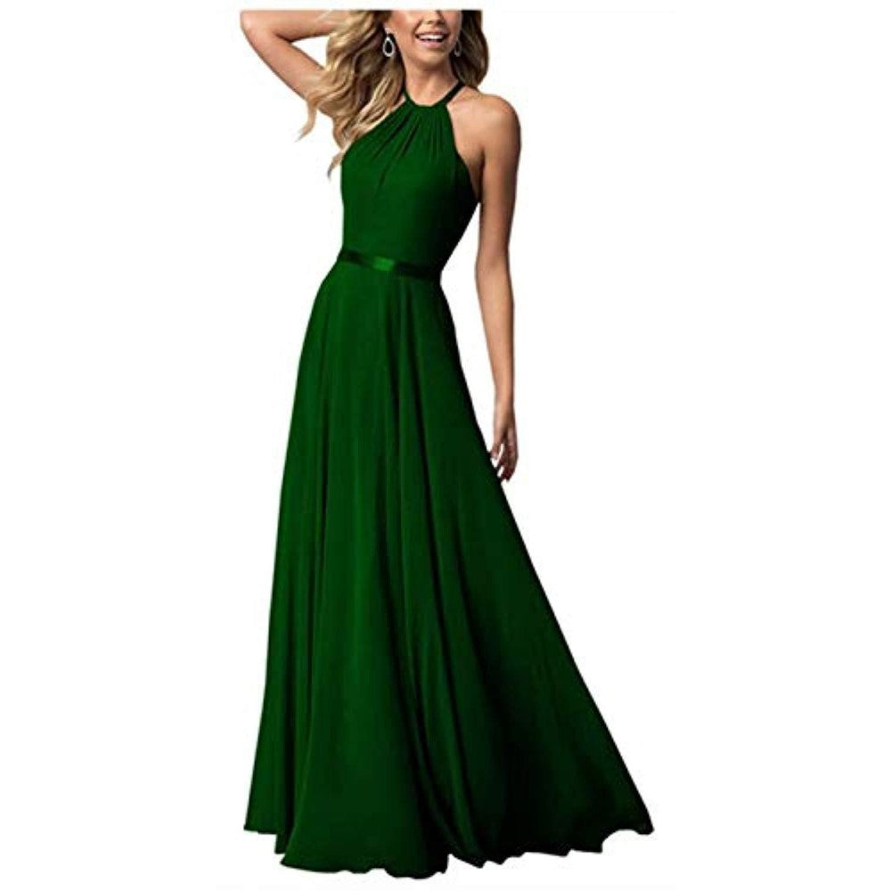 Halter Neck Long Bridesmaids Dresses A-Line Chiffon Wedding Guest Outfit