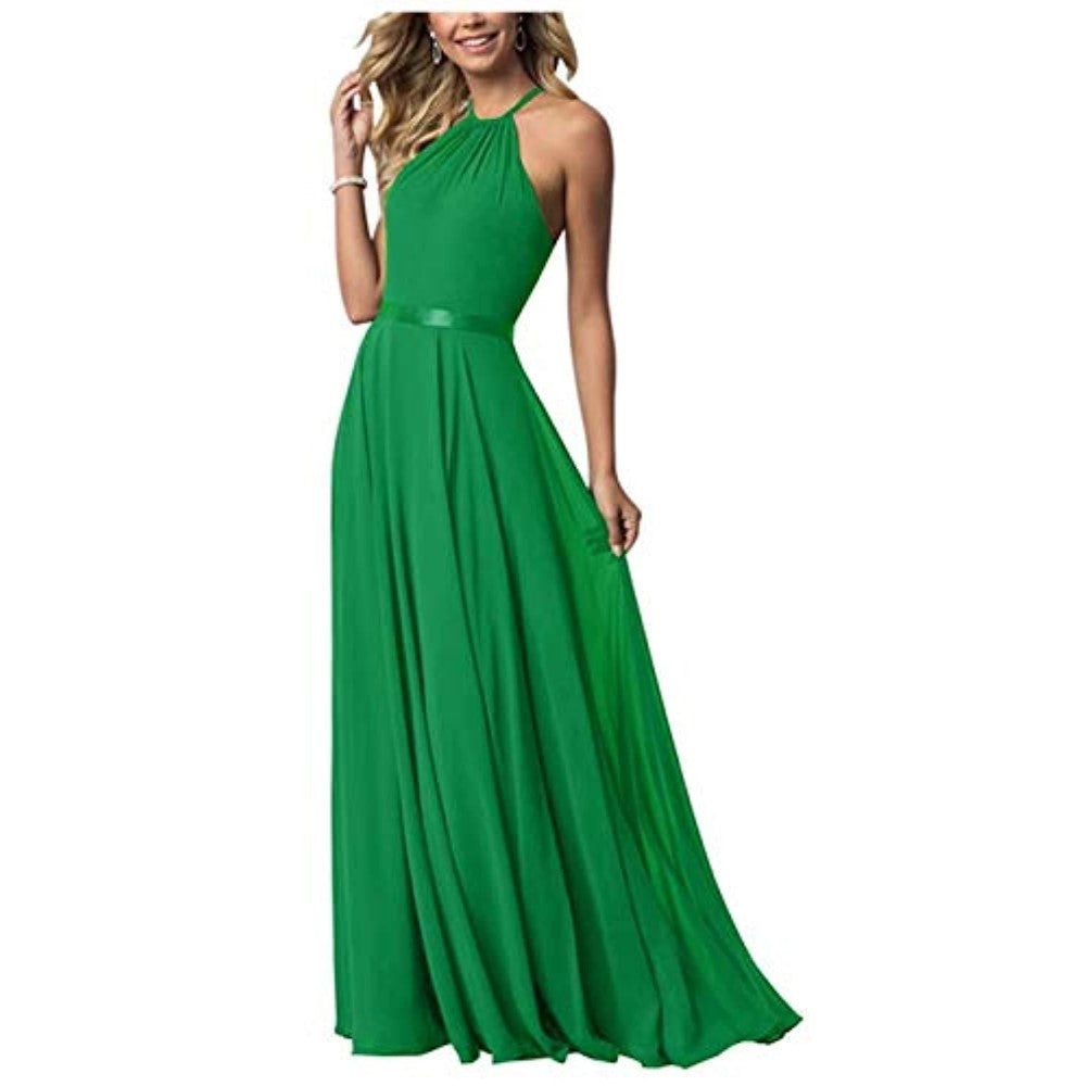 Halter Neck Long Bridesmaids Dresses A-Line Chiffon Wedding Guest Outfit