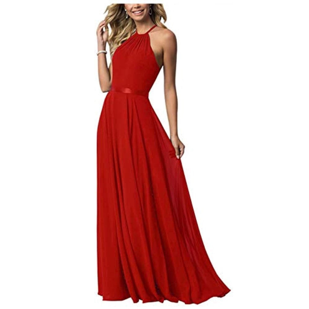 Halter Neck Long Bridesmaids Dresses A-Line Chiffon Wedding Guest Outfit