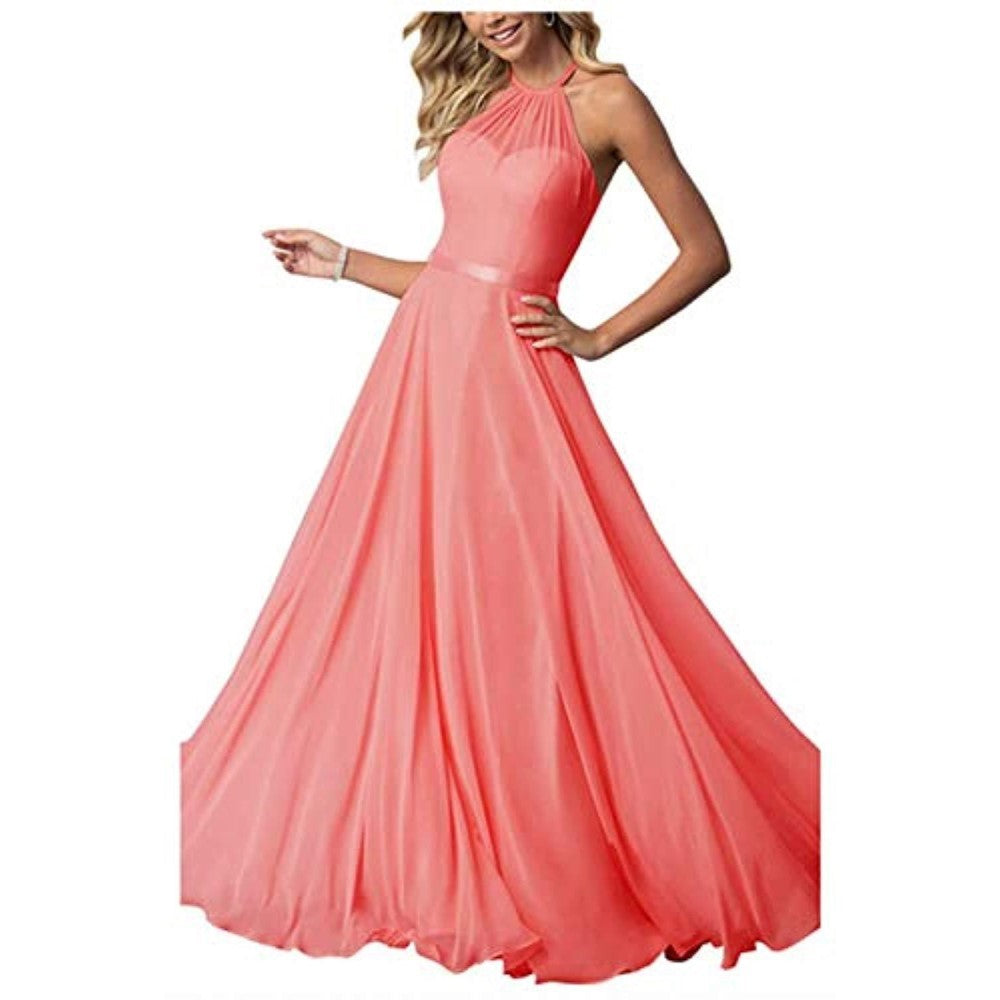 Halter Neck Long Bridesmaids Dresses A-Line Chiffon Wedding Guest Outfit