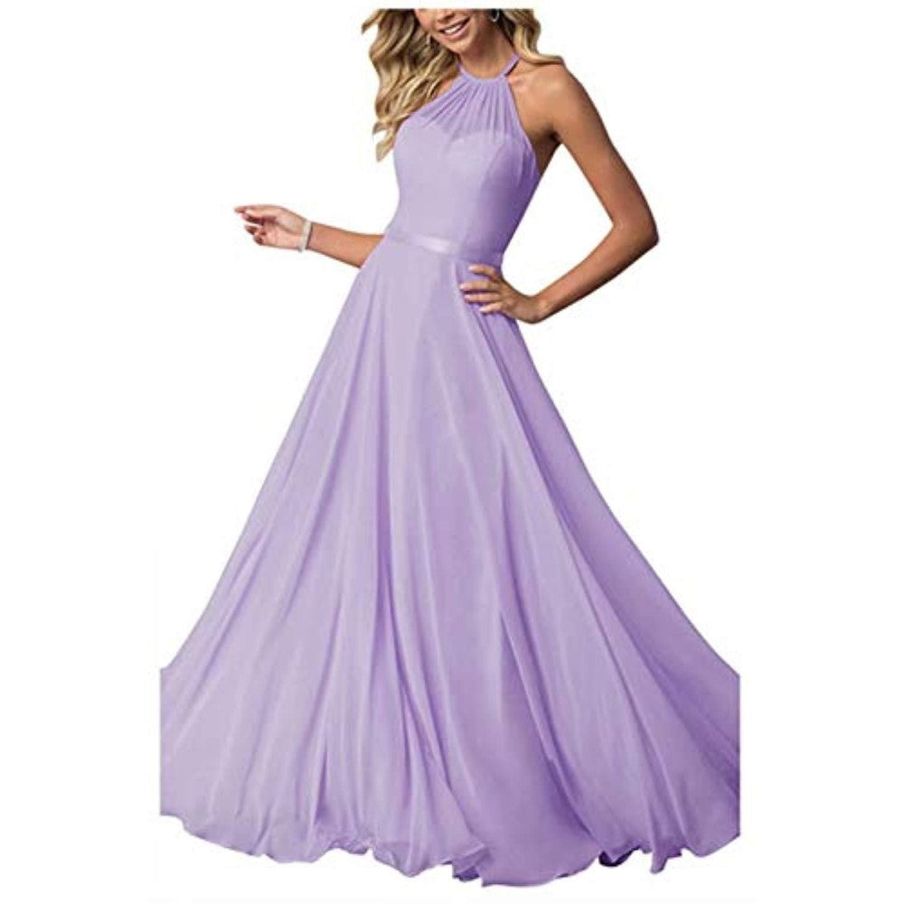 Halter Neck Long Bridesmaids Dresses A-Line Chiffon Wedding Guest Outfit