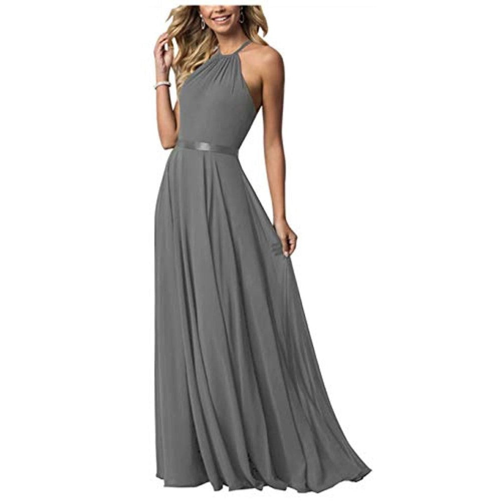 Halter Neck Long Bridesmaids Dresses A-Line Chiffon Wedding Guest Outfit