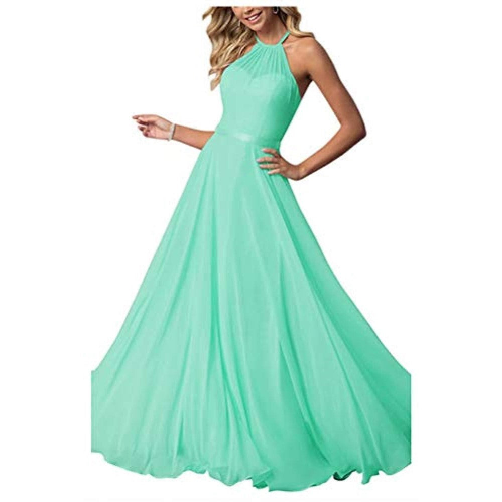 Halter Neck Long Bridesmaids Dresses A-Line Chiffon Wedding Guest Outfit