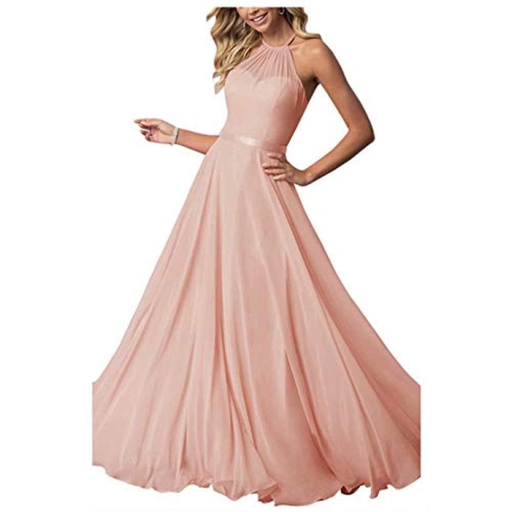 Halter Neck Long Bridesmaids Dresses A-Line Chiffon Wedding Guest Outfit
