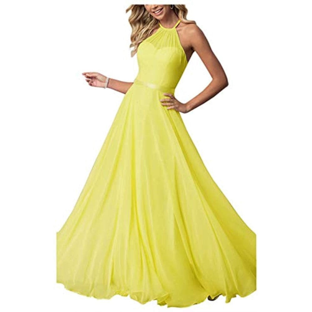 Halter Neck Long Bridesmaids Dresses A-Line Chiffon Wedding Guest Outfit