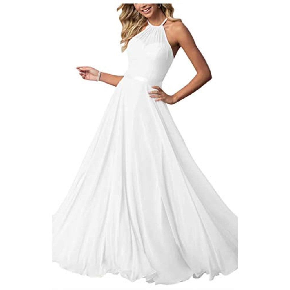 Halter Neck Long Bridesmaids Dresses A-Line Chiffon Wedding Guest Outfit