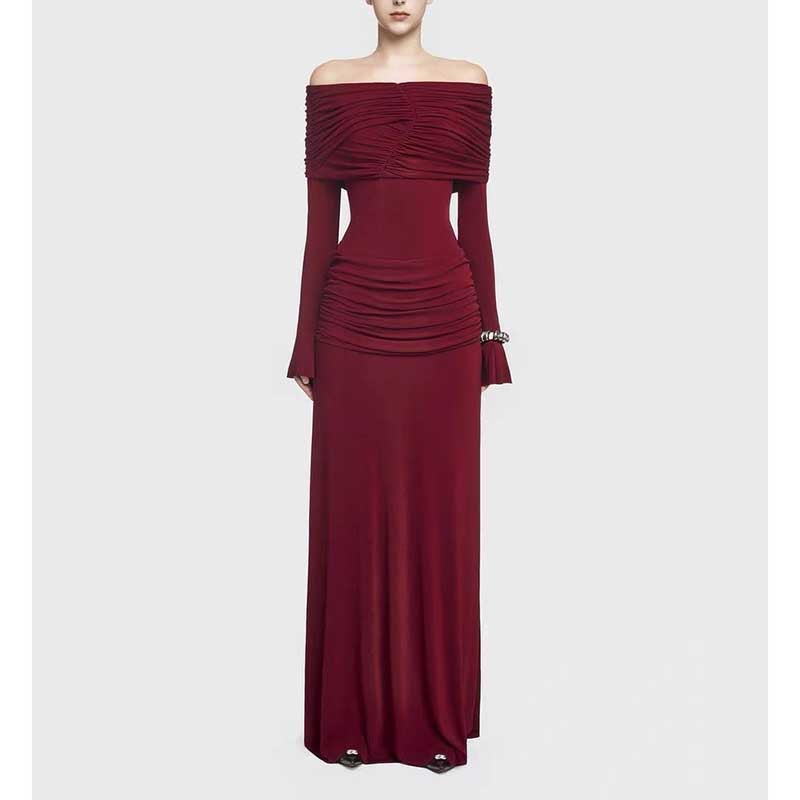 Off Shoulder Ruch Maxi Dress With Sleeves for Women