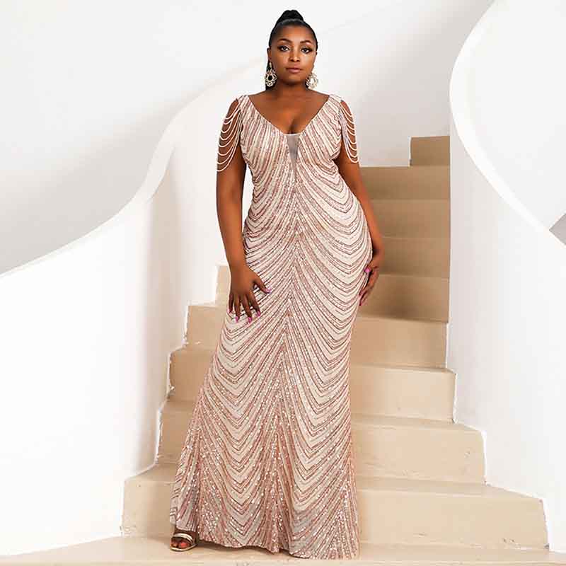 Plus Size Ball Gown Halter Sequin Tassel Sleeveless Maxi Prom Dress