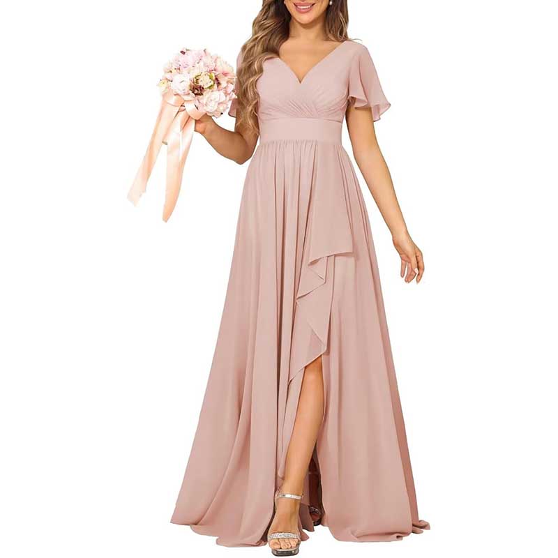 V-Neck Chiffon Bridesmaid Dress With Pocket Short Sleeves & Elegant Side Split