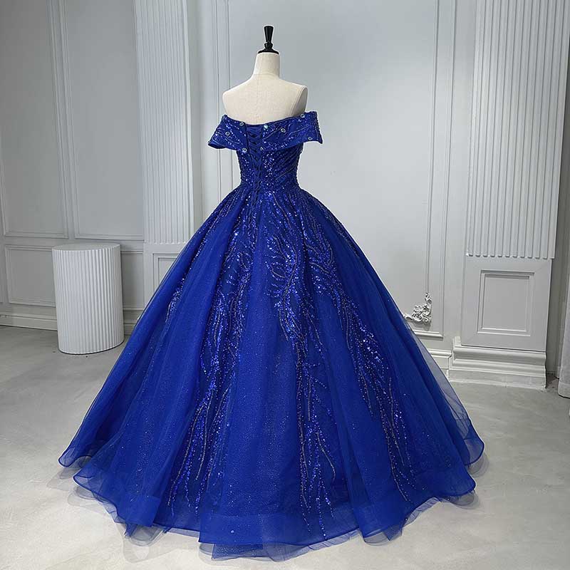 Off Shoulder Ball Gown Sequin Formal Dresses With Detachable Crinoline.