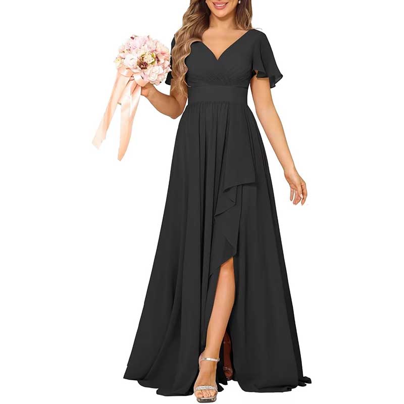 V-Neck Chiffon Bridesmaid Dress With Pocket Short Sleeves & Elegant Side Split