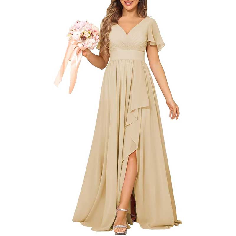 V-Neck Chiffon Bridesmaid Dress With Pocket Short Sleeves & Elegant Side Split