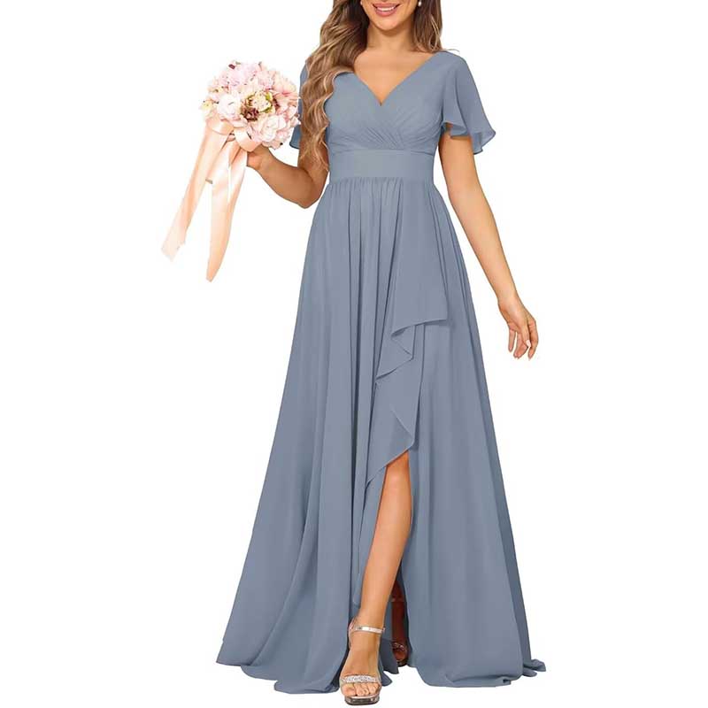 V-Neck Chiffon Bridesmaid Dress With Pocket Short Sleeves & Elegant Side Split
