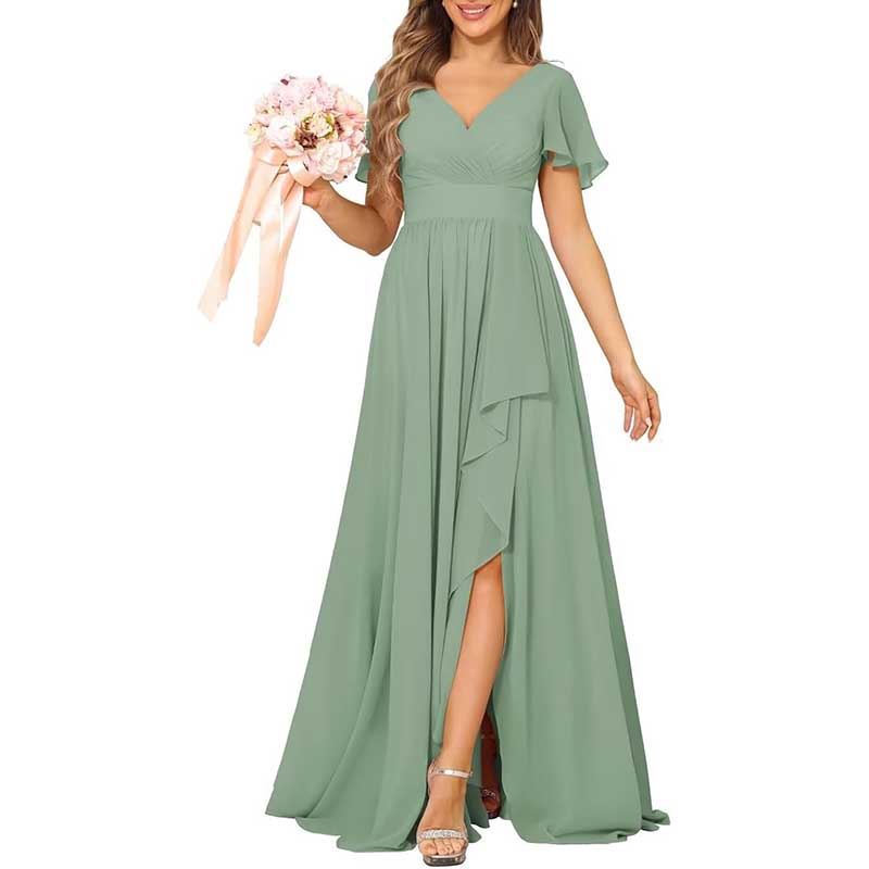 V-Neck Chiffon Bridesmaid Dress With Pocket Short Sleeves & Elegant Side Split