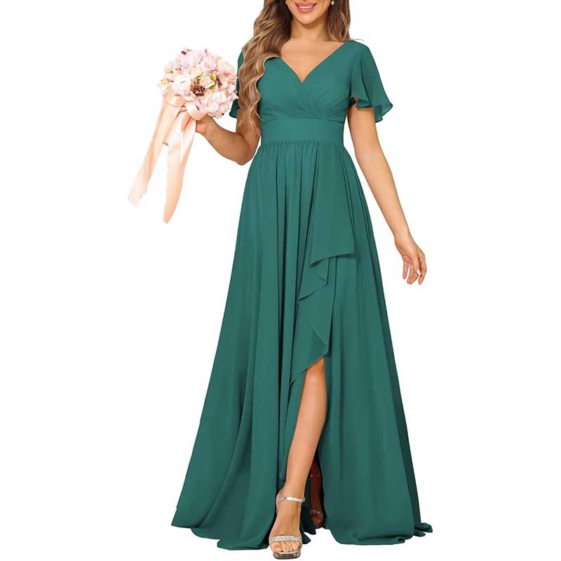 V-Neck Chiffon Bridesmaid Dress With Pocket Short Sleeves & Elegant Side Split