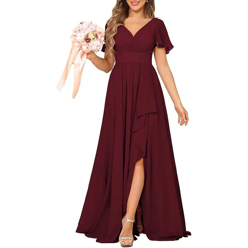 V-Neck Chiffon Bridesmaid Dress With Pocket Short Sleeves & Elegant Side Split