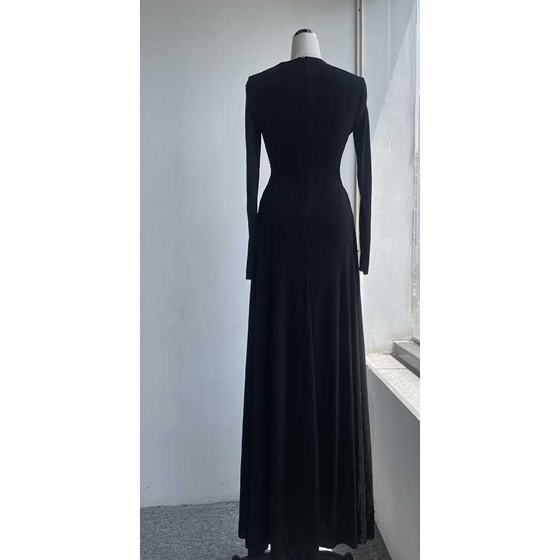Asymmetric Long Sleeve Maxi Dress with Ruffles for Women in black, showcasing back view and floor-length design.