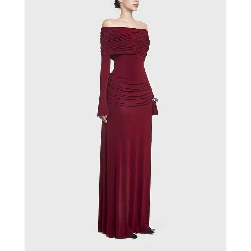 Off Shoulder Ruch Maxi Dress With Sleeves for Women