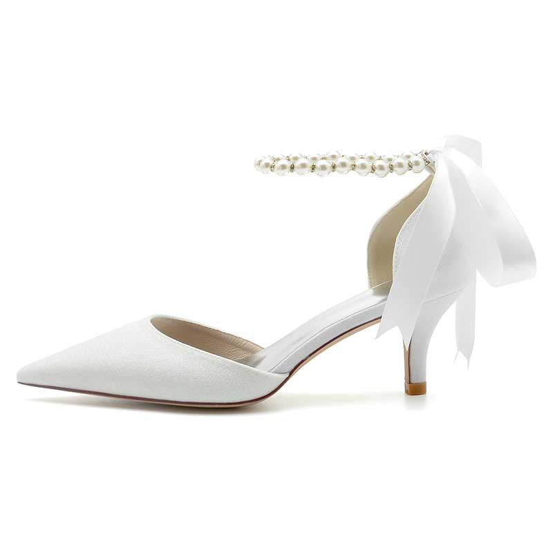 2.36" Pointed Toe Pumps Glitter Pearls Ankle Stripe Bridal Shoes with Pearls