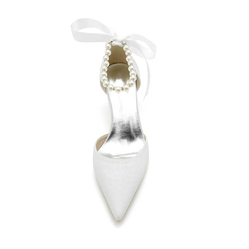 2.36" Pointed Toe Pumps Glitter Pearls Ankle Stripe Bridal Shoes with Pearls