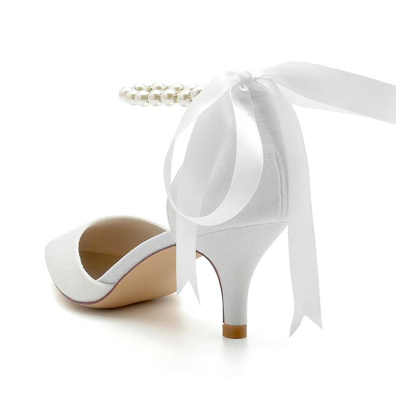 2.36" Pointed Toe Pumps Glitter Pearls Ankle Stripe Bridal Shoes with Pearls