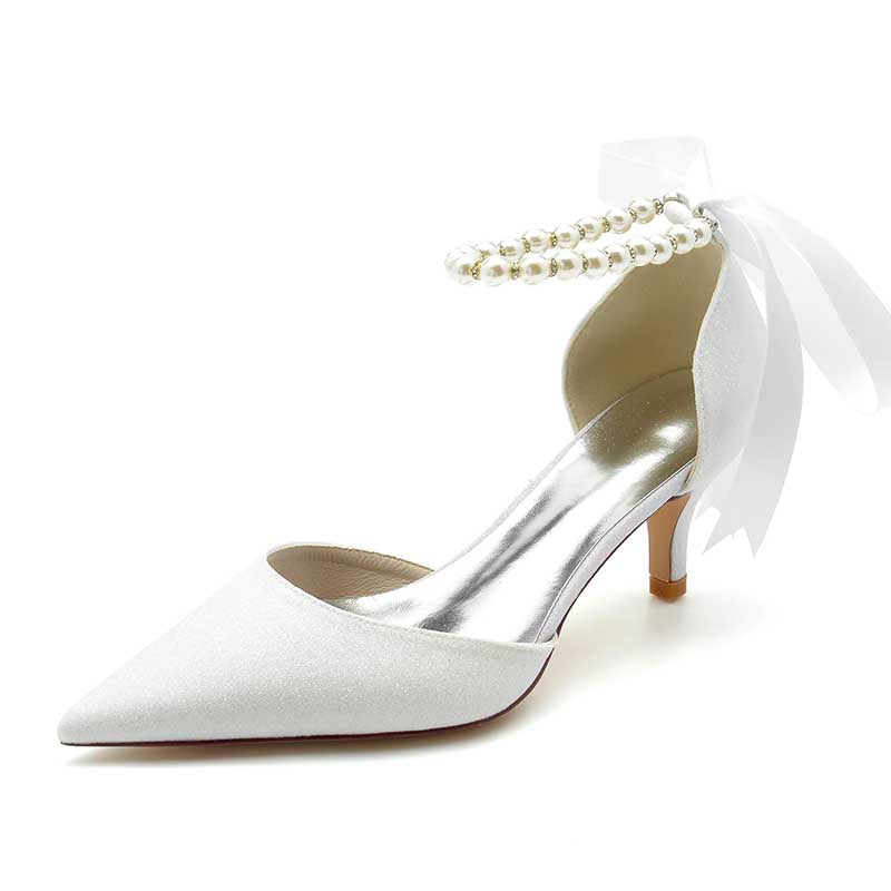 2.36" Pointed Toe Pumps Glitter Pearls Ankle Stripe Bridal Shoes with Pearls