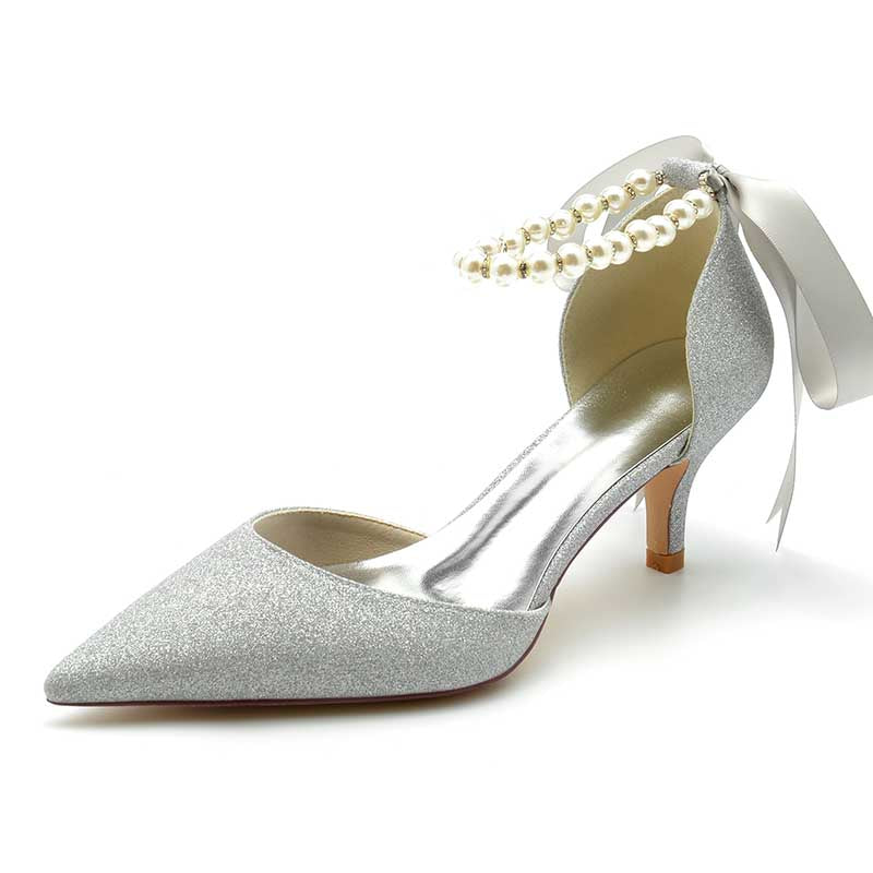2.36" Pointed Toe Pumps Glitter Pearls Ankle Stripe Bridal Shoes with Pearls