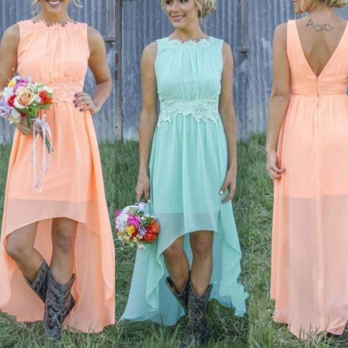 High Low Lace Chiffon Bridesmaid Dress Country Wedding Guest Dress
