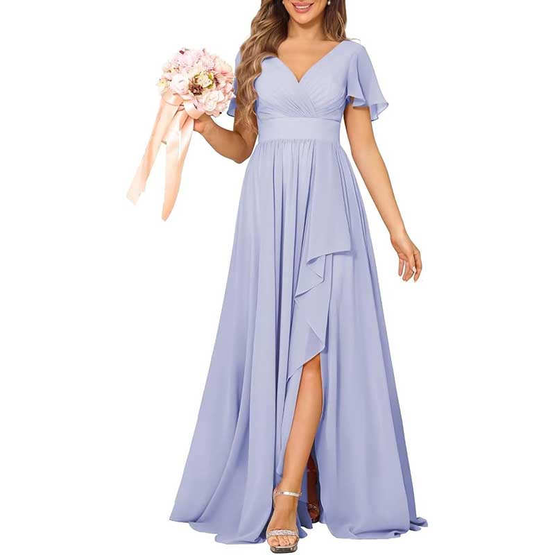 V-Neck Chiffon Bridesmaid Dress With Pocket Short Sleeves & Elegant Side Split