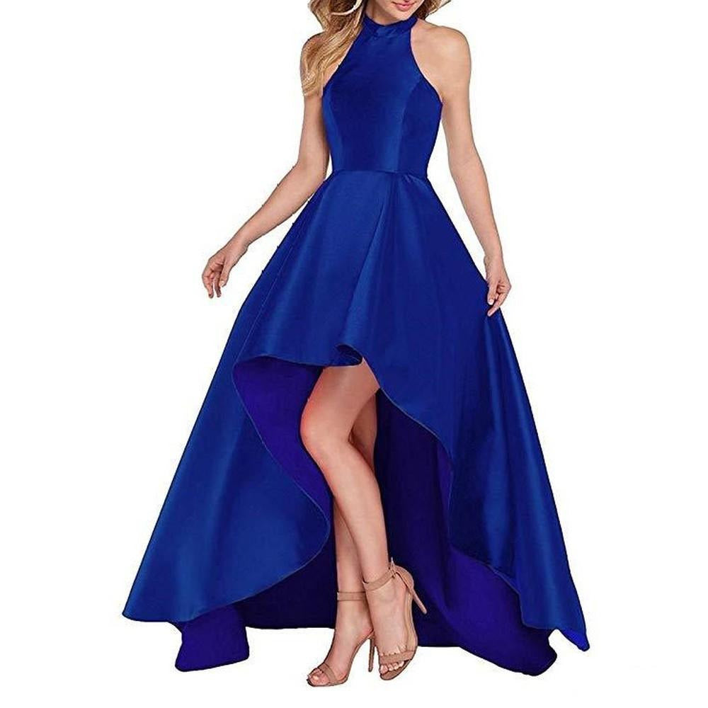 High Low Satin Prom Dress Halter Wedding Guest Dress Party Ball Gown