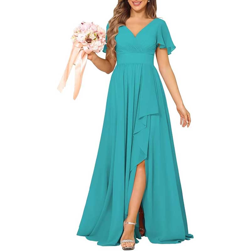 V-Neck Chiffon Bridesmaid Dress With Pocket Short Sleeves & Elegant Side Split