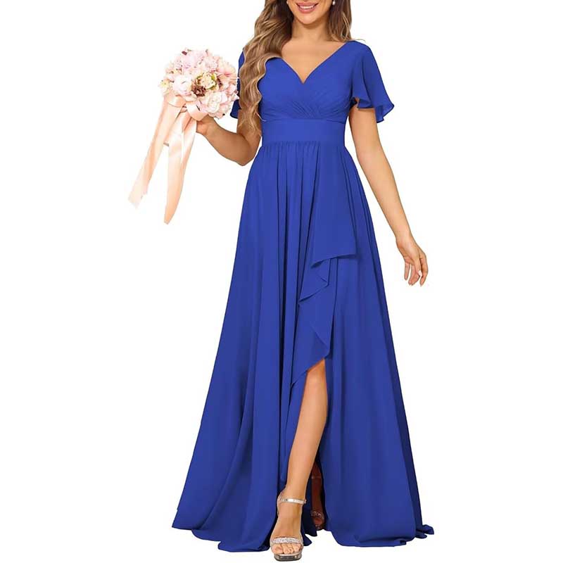 V-Neck Chiffon Bridesmaid Dress With Pocket Short Sleeves & Elegant Side Split