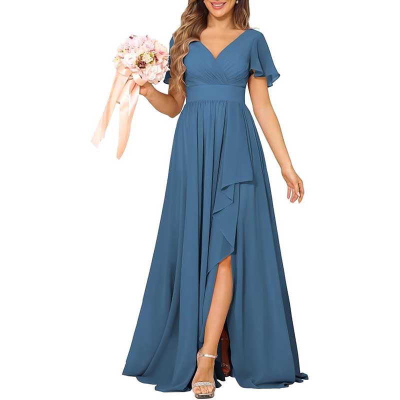 V-Neck Chiffon Bridesmaid Dress With Pocket Short Sleeves & Elegant Side Split