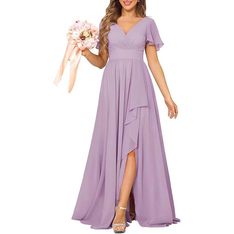 V-Neck Chiffon Bridesmaid Dress With Pocket Short Sleeves & Elegant Side Split
