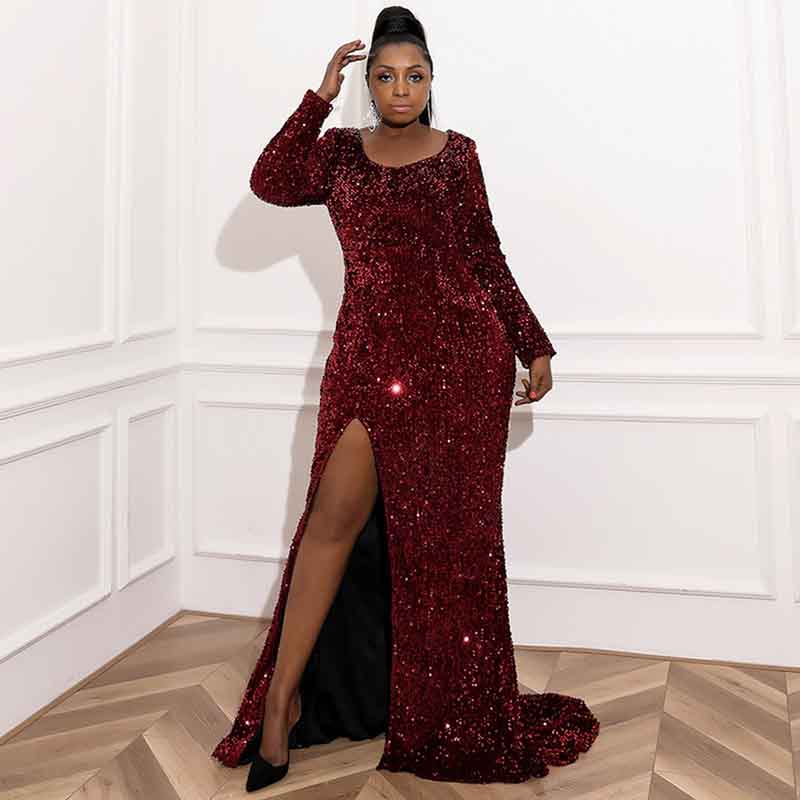 Women Plus Size Prom Dress Mermaid Gowns High Split Sequin Prom