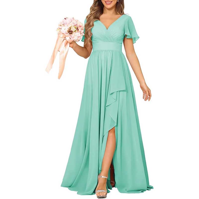 V-Neck Chiffon Bridesmaid Dress With Pocket Short Sleeves & Elegant Side Split