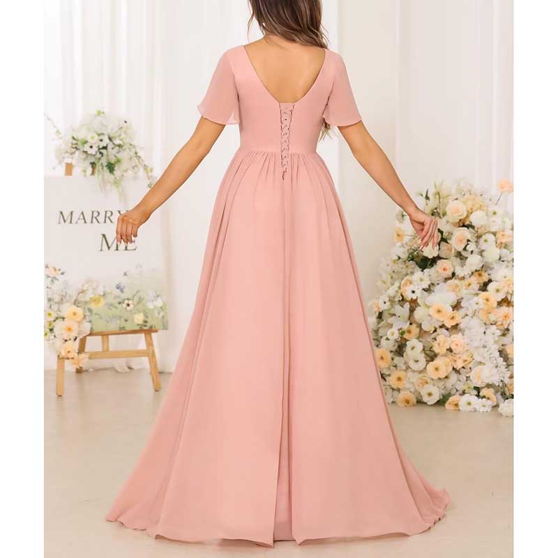 V-Neck Chiffon Bridesmaid Dress With Pocket Short Sleeves & Elegant Side Split