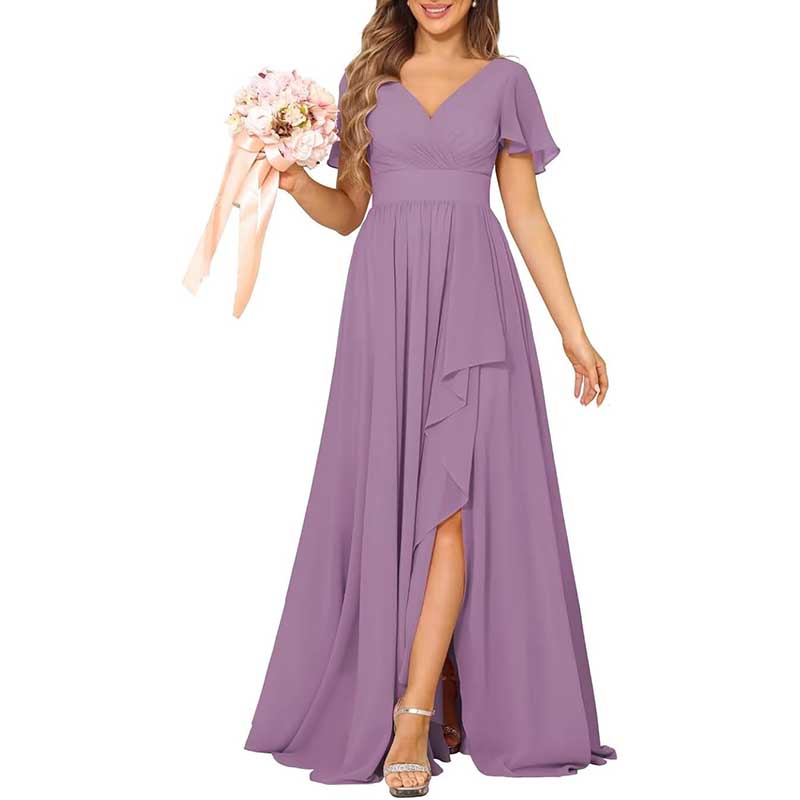 V-Neck Chiffon Bridesmaid Dress With Pocket Short Sleeves & Elegant Side Split