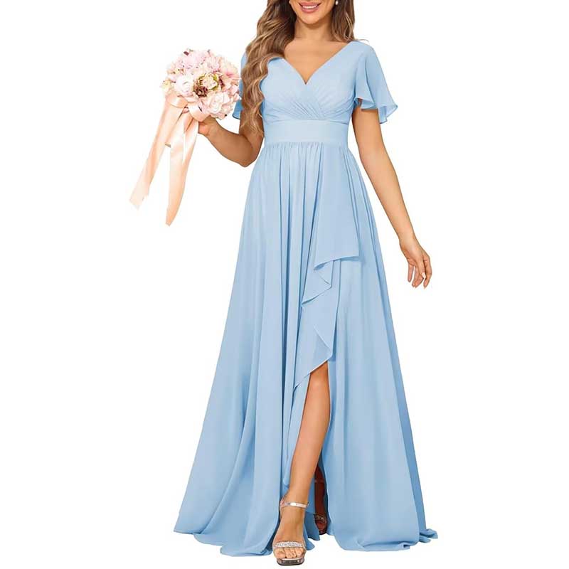 V-Neck Chiffon Bridesmaid Dress With Pocket Short Sleeves & Elegant Side Split